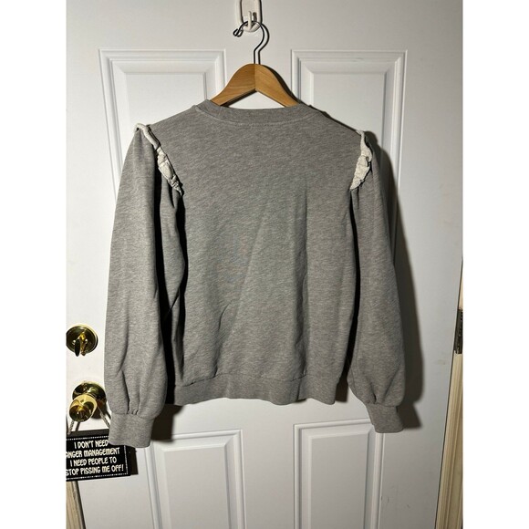 7 For All Mankind Sweater Womens Gray Contrast Ruffle Shoulder Trim Top - Picture 2 of 5